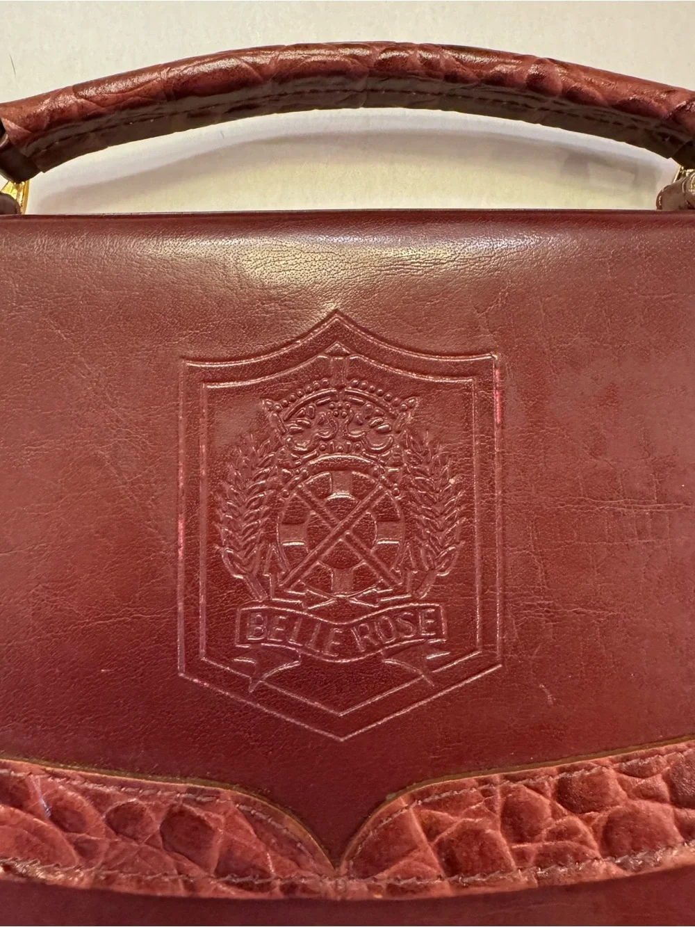 Vintage Belle Rose Burgundy Leather Briefcase Satchel Bag Croc Embossed Trim 80s